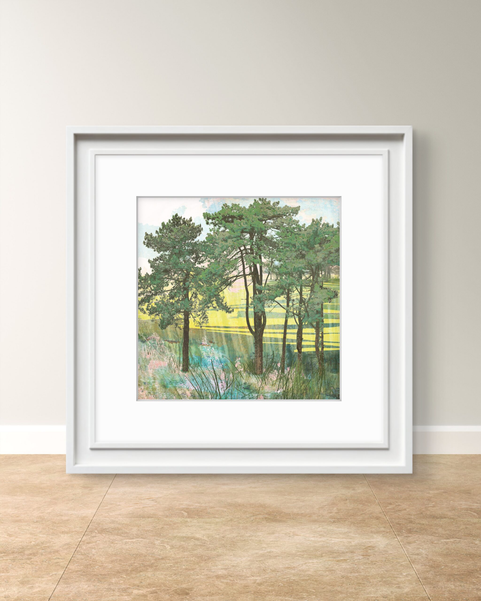 Summer Copse framed tree landscape artwork resting against a pale wall