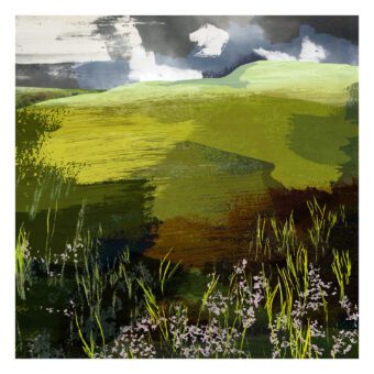 Lush green landscape print by Claire Gill with rolling hills, grasses and wildflowers