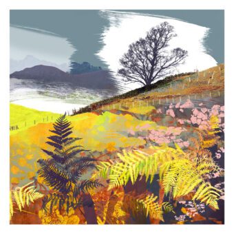 Martindale Lake District print by Claire Gill with ferns, hills and lone tree