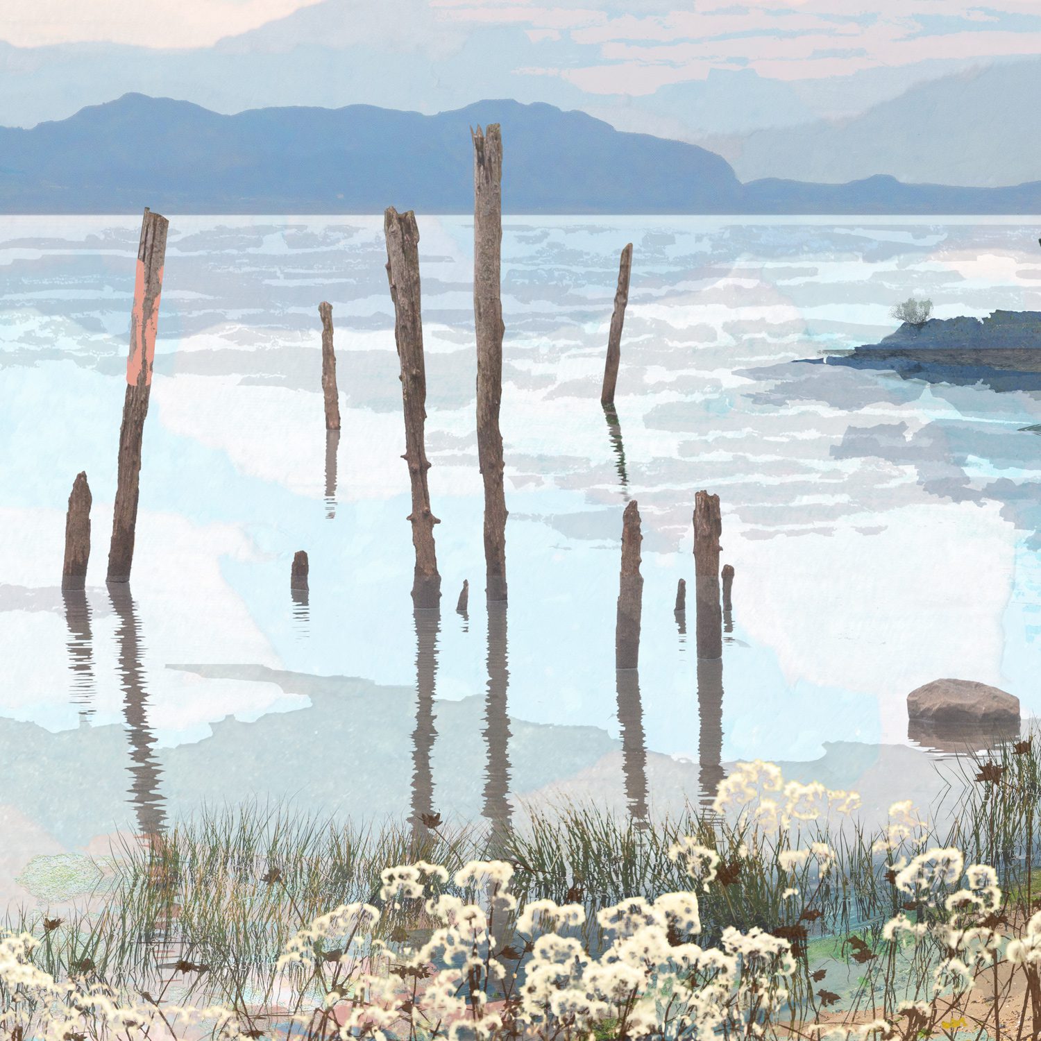 Detail of Quietude showing lake, mountains, wildflowers and reflections