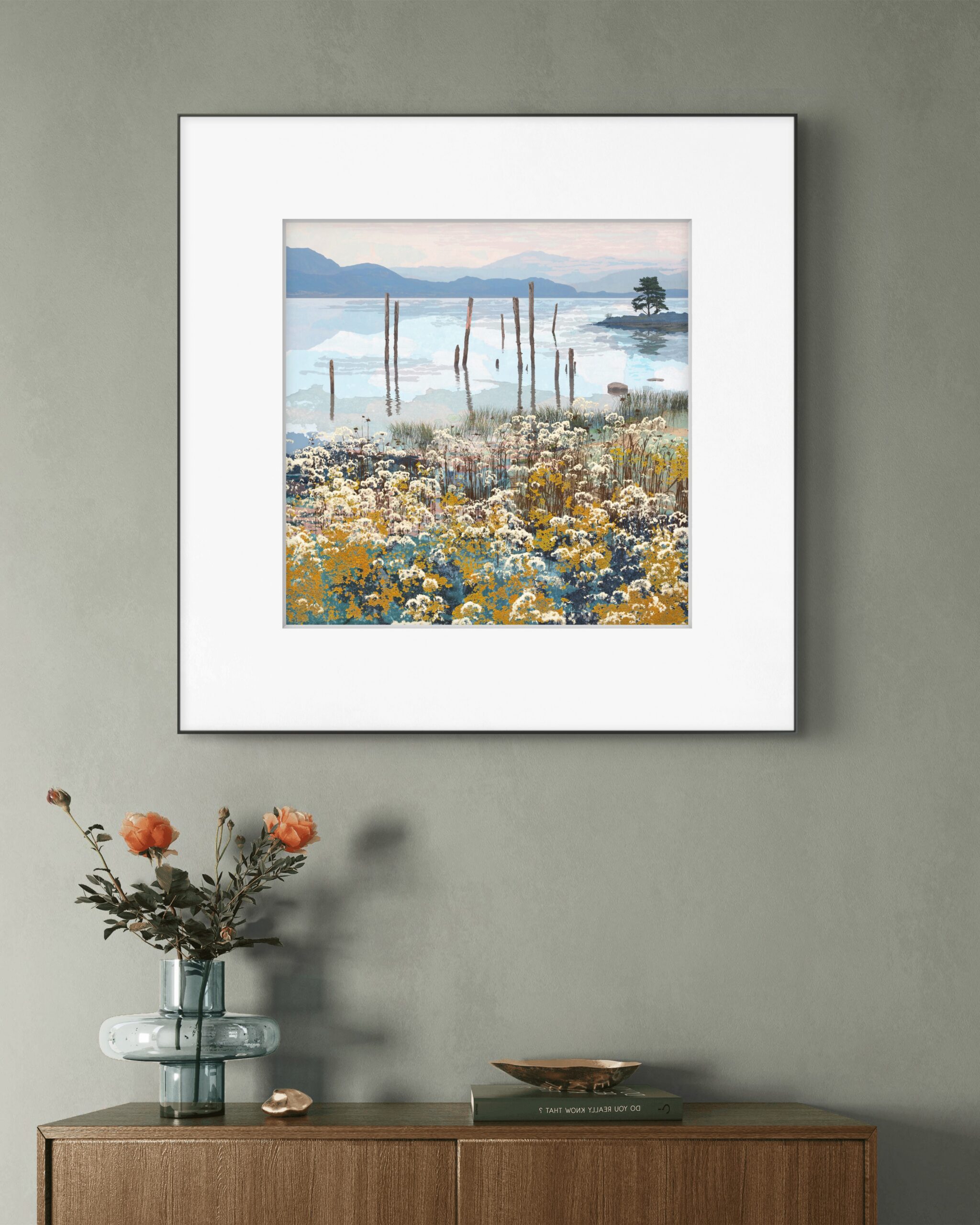 Quietude landscape art print framed in a contemporary home interior