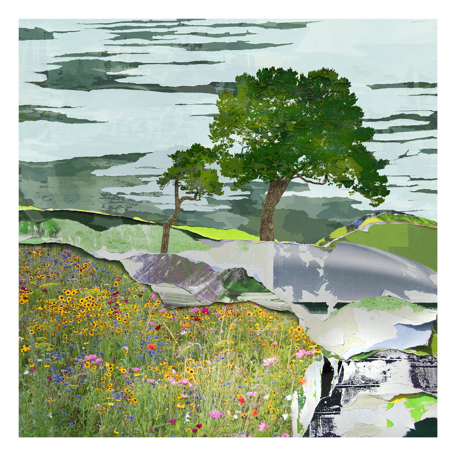 Sprung spring countryside print by Claire Gill with green trees and wildflower meadow