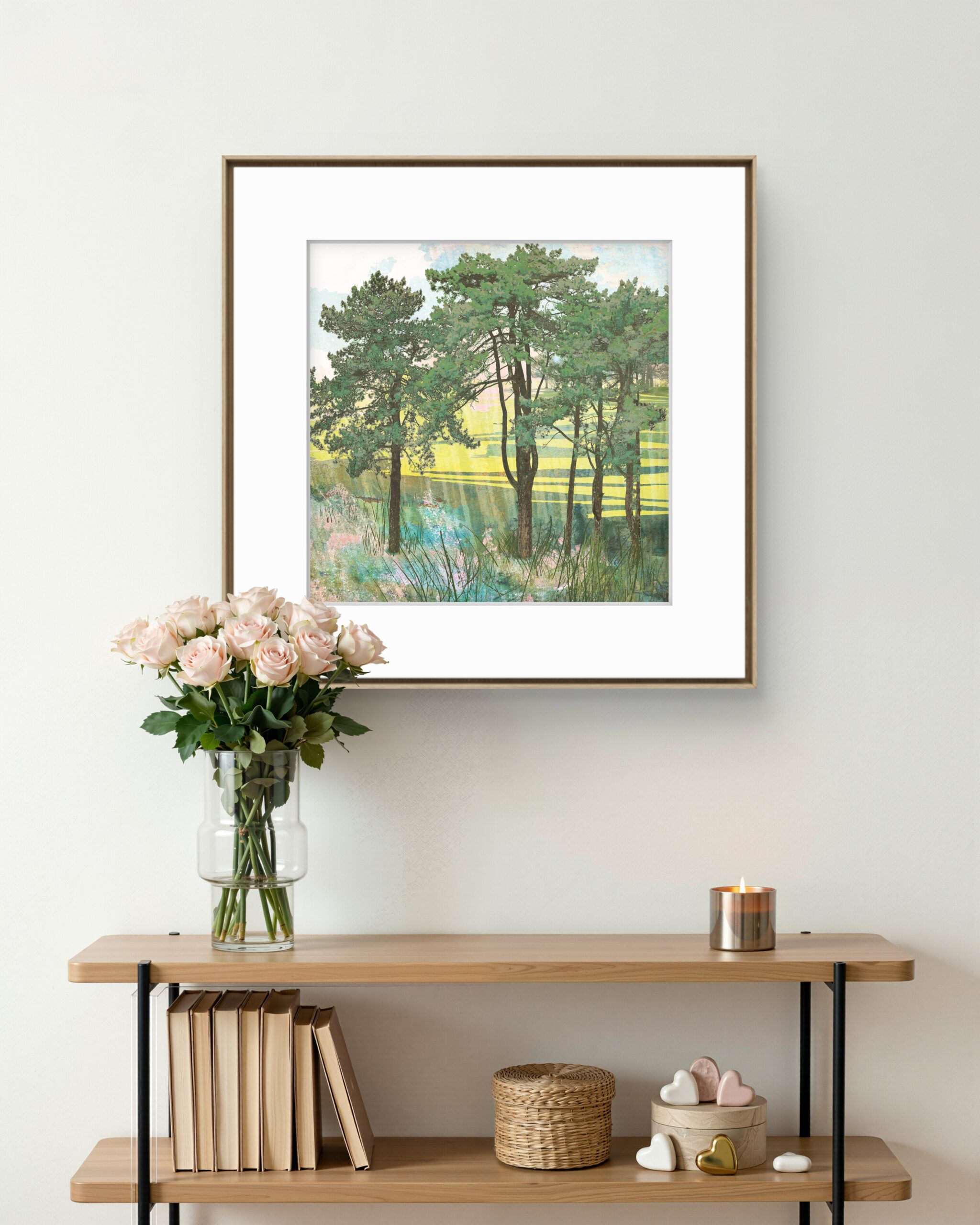 Summer Copse framed woodland landscape print displayed in a contemporary interior