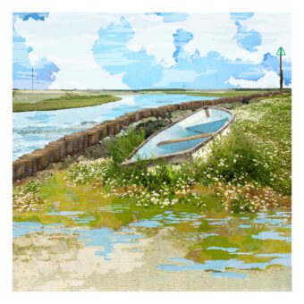The Grassy Bank Southwold Harbour print by Claire Gill with small boat, wildflowers and coastal water