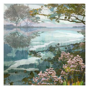 Tranquility tranquil landscape print by Claire Gill with water, trees and wildflowers