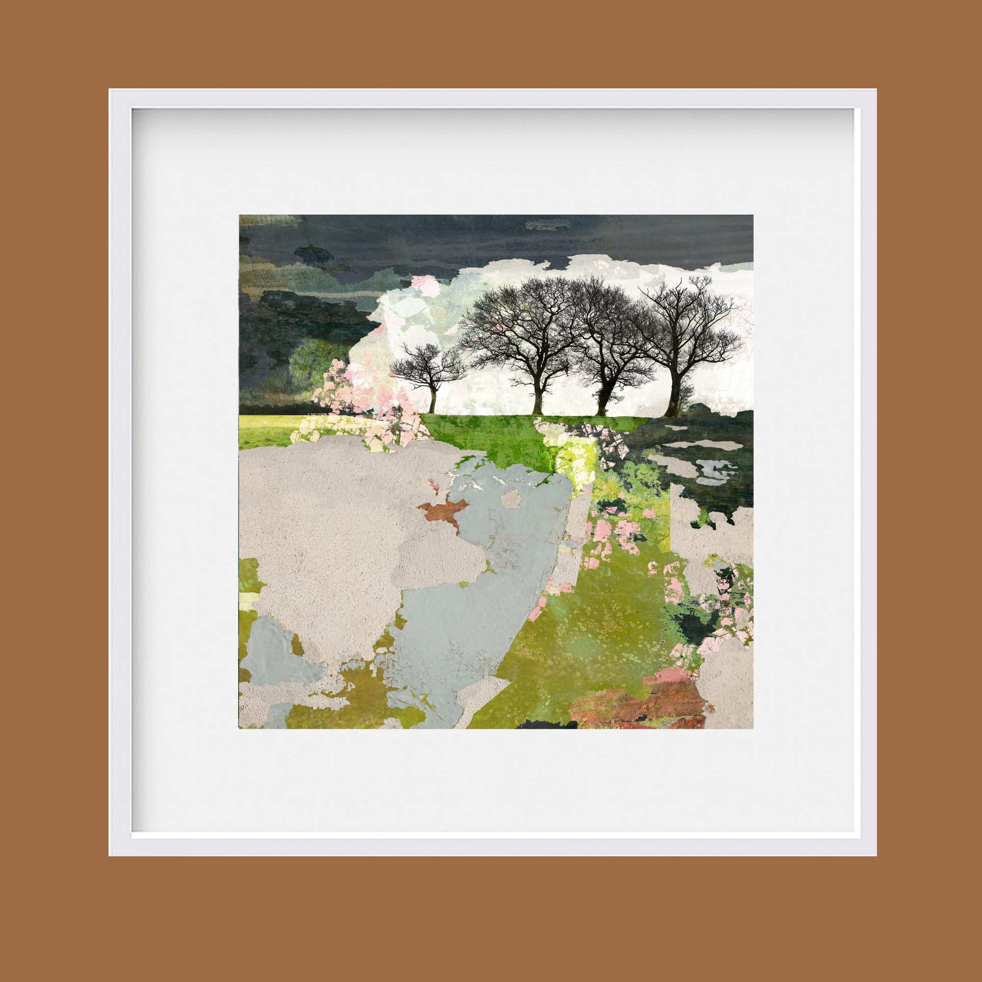 Emerging limited edition countryside print in a white frame on a brown wall