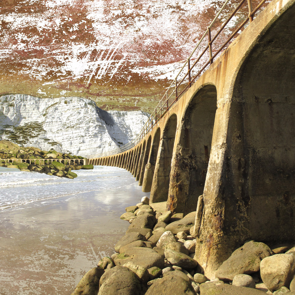 Claire Gill. fine art card, fine art greeting card, greeting card, seascapes, photomontage, coastal art, limited edition prints, seascape 40, Folkestone Arches, Dover cliffs, beach