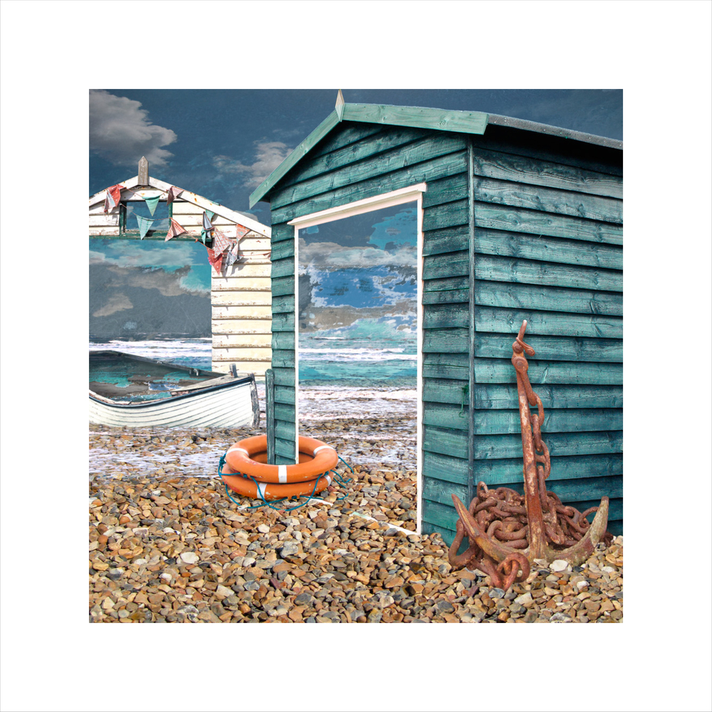 affordable art, art for sale. art online, art prints, Claire Gill, Limited edition prints, digital photomontage, fine art prints, hahnemuhle, coastal art, Collect Art, seascape 39, beach Huts, Whitstable, anchor