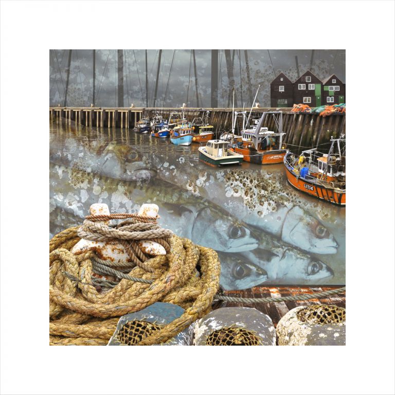 affordable art, art for sale. art online, art prints, Claire Gill, Limited edition prints, digital photomontage, fine art prints, hahnemuhle, coastal art, Collect Art, seascape 46, whitstable harbour, fishing boats