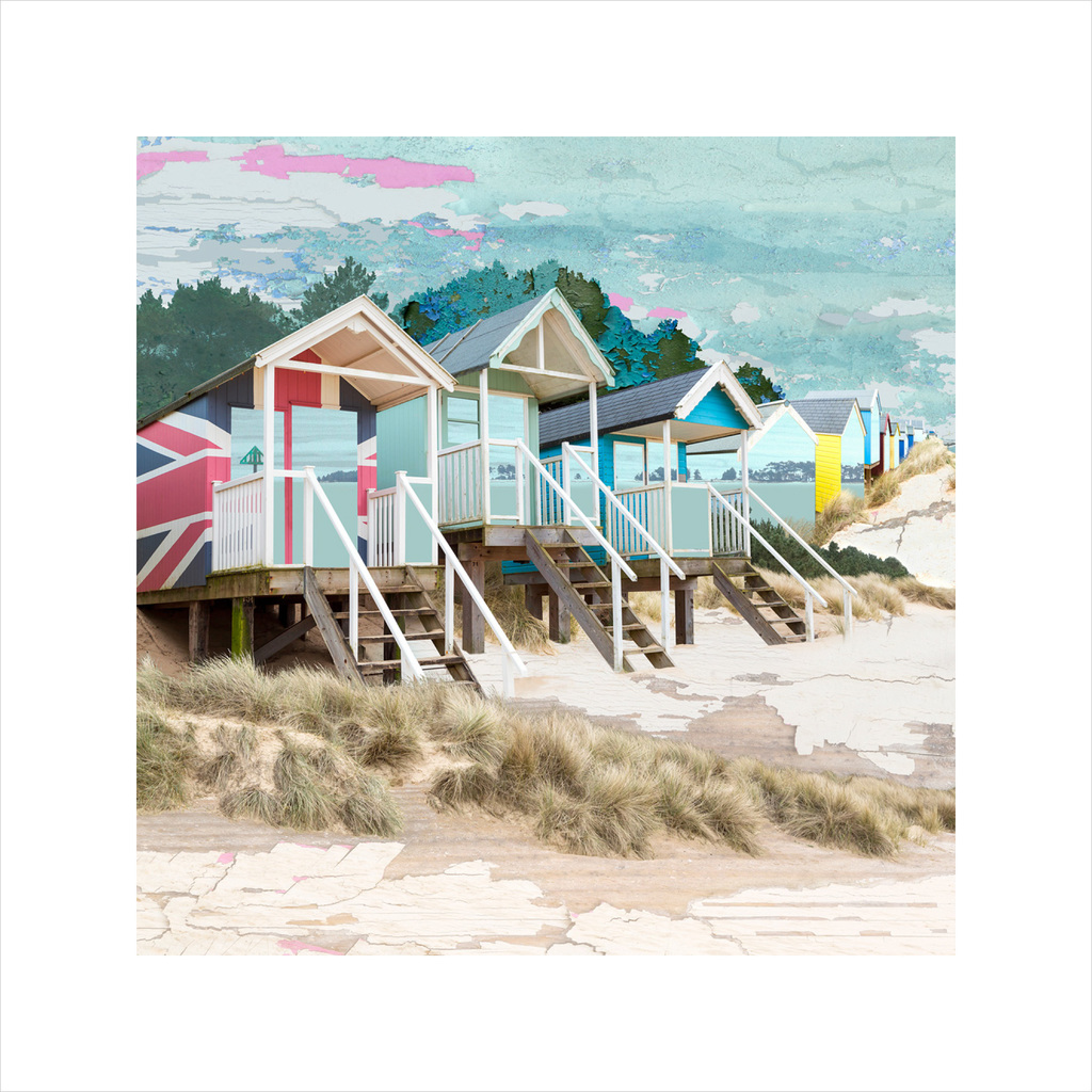 affordable art, art for sale. art online, art prints, Claire Gill, Limited edition prints, digital photomontage, fine art prints, hahnemuhle, coastal art, Collect Art, seascape 53, Holkham, Wells next the Sea, North Norfolk, beach huts